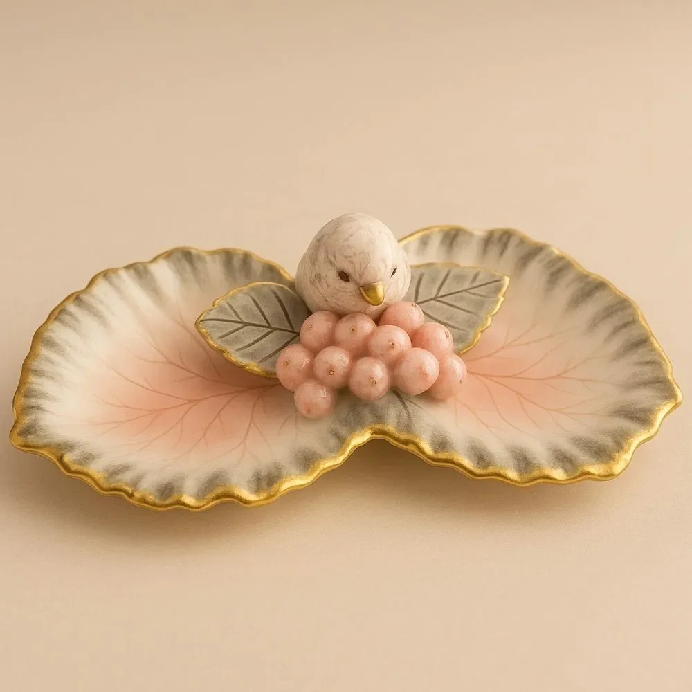 Vintage Ceramic Bird on Leaf Trinket Dish Pink Grey Gold Gilded Catchall 10 Inch